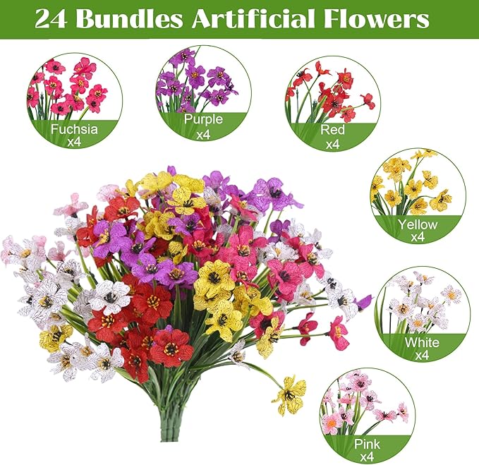 Bassion 24 Bundles Artificial Flowers for Outdoors Decoration, UV Resistant Mixed Color Silk Fake Faux Flowers Artificial Plants for Outside Window Box Porch Garden Home Decor