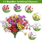 Bassion 24 Bundles Artificial Flowers for Outdoors Decoration, UV Resistant Mixed Color Silk Fake Faux Flowers Artificial Plants for Outside Window Box Porch Garden Home Decor