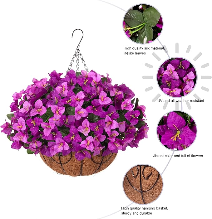 HyeFlora Artificial Hanging Flowers Plant with Basket for Outdoors, Fake Hanging Plants Silk Bougainvillea in Planter Realistic UV Resistant Faux Flower for Outside Porch Patio Garden Home Decor, Mix
