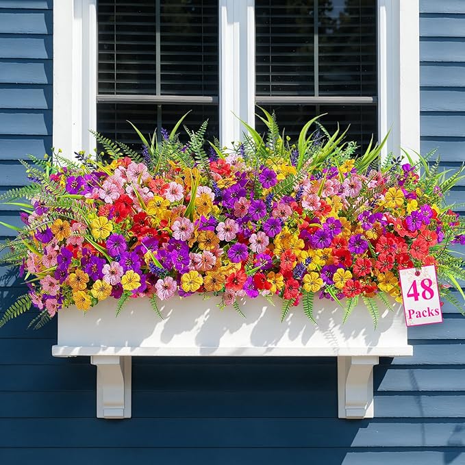 Alupssuc 48 Bundles Artificial Flowers for Outdoors Planters Spring Decoration, UV Resistant Faux Eucalyptus Violet and Lavender Silk Fake Plants for Outside Indoor Yard Home Patio Decor, Mix 4 Colors