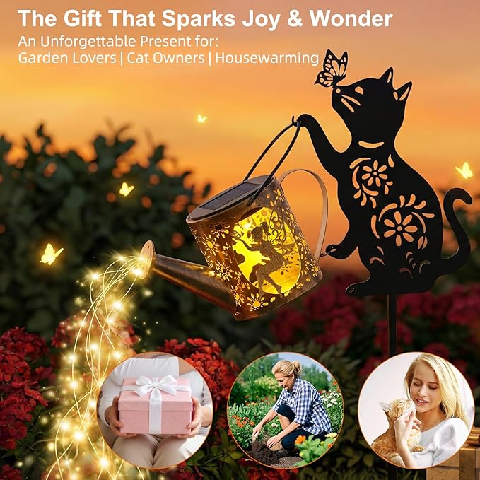 Solar Watering_Can Lights with Fairy & Flowers, Outdoor Garden Decor with Cascading String Lights, Waterproof Solar Powered Hanging Lantern for Patio Yard Pathway, Gift for Mom Cat Lovers Gardeners