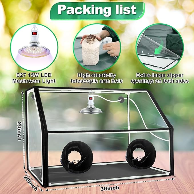Meonum Large Still Air Box Mushroom Grow Tent, 30x20x20 in Mycology Fume Hood Propagation Stations with LED Growing Light and Thermometer, Monotub Kit for Grow Bags, Growers, Home Scientists(Clear)