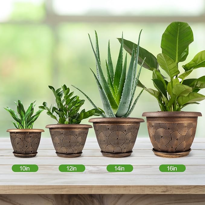 Fodetyff 14 Inch Large Planter Pot for Plants Indoor Outdoor, 4 Pack Plastic Flower Pots with Drainage Hole & Tray, Modern Decorative Garden Pot with Saucer, Plant Container for House