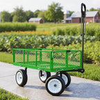 VEVOR 900 LBS Steel Garden Cart, 2 in 1 Handle, Heavy Duty Pullable Garden Wagon with 10" Flat-Free Tires, Outdoor Utility Yard Wagon Cart with Detachable Side Panels, Attach to ATV or Tractor