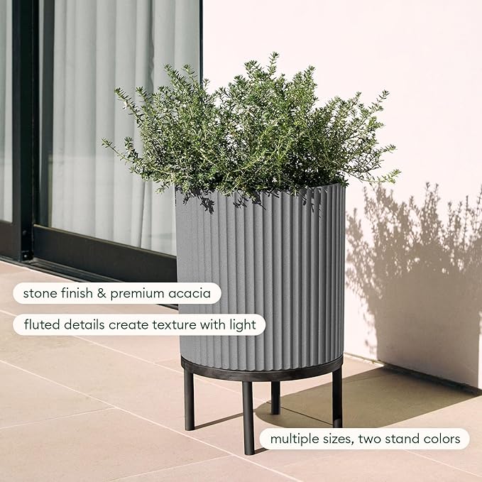 Veradek Demi Series Round Planter w/Stand for Porch/Patio | Durable Plastic-Stone Composite & Wooden Stand | Modern Décor for Tall Plants, Flowers