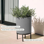 Veradek Demi Series Round Planter w/ Stand for Porch/Patio | Durable Plastic-Concrete & Wooden Stand | Modern Décor for Tall Plants, Flowers