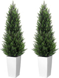 5FT Tall 2 Pack Artificial Cedar Topiary Trees with Compact Pyramidal Shape, Realistic Faux Cypress in Square White Pot with Fillable Water Bag, Outdoor Evergreen for Front Porch Garden Home Decor