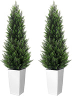 5FT Tall 2 Pack Artificial Cedar Topiary Trees with Compact Pyramidal Shape, Realistic Faux Cypress in Square White Pot with Fillable Water Bag, Outdoor Evergreen for Front Porch Garden Home Decor