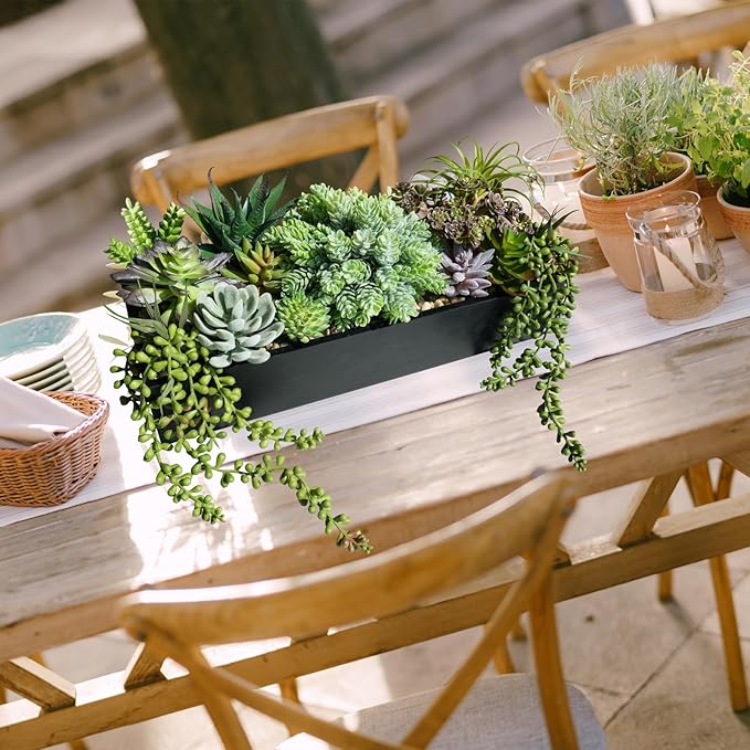 Winlyn 15" Artificial Succulents Arrangement Faux Succulents in Rectangular Black Wooden Planter Box Faux Potted Succulents Plant Garden for Gifts Home Table Centerpiece Mantel Greenery Décor
