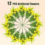 Artificial Flowers for Outdoors 12 Bundles Yellow Artificial Petunias Fake Flowers UV Resistant Shrubs Plants with Fern for Indoor Outside Hanging Planters Home Garden Spring Decorations