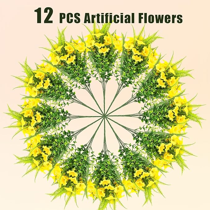 Artificial Flowers for Outdoors 12 Bundles Yellow Artificial Petunias Fake Flowers UV Resistant Shrubs Plants with Fern for Indoor Outside Hanging Planters Home Garden Spring Decorations