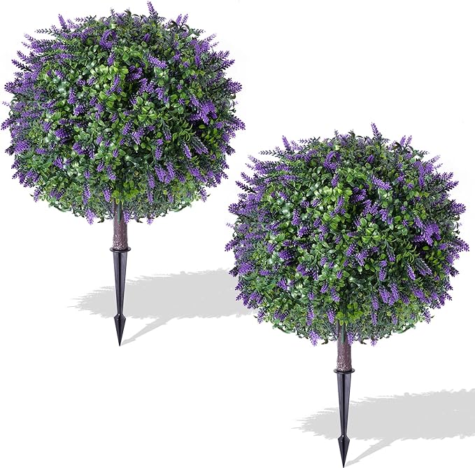 2 Pack Artificial Urn Filler, Artificial Lavender Topiary Shrubs, UV-Resistant Evergreen Plants, Indoor/Outdoor Decoration, Suitable for porches, courtyards, Gardens, and Flower beds