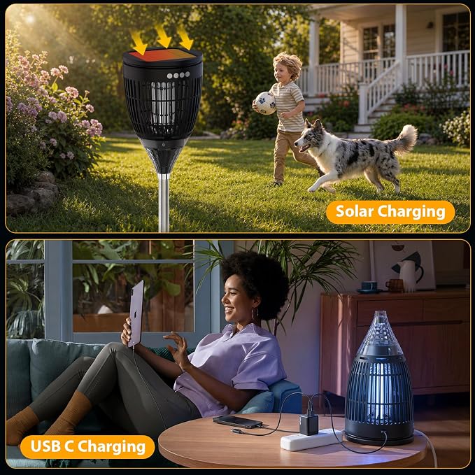 Rossetta Solar Bug Zapper Outdoor, Mosquito Zapper with Flame Lamp & Projector Light, 4200V Electric Fly Zapper Waterproof Rechargeable Mosquito Killer, Cordless Fly Trap for Patio, Backyard, Garden