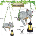 Solar Lighted Garden Outdoor Statue, 22.6" H Hanging Swing Lying with A Sleeping Cat and A LED Lantern, Resin Animal Figurine Hanging Ornaments with Hook for Decoration & Gift