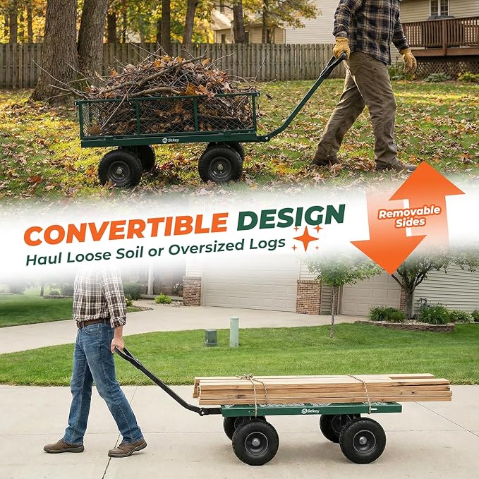 Sekey 1000lbs Heavy Duty Steel Garden Cart for Yard & Farm, Utility Wagon with Removable Sides (Convert to Flatbed), 10" Rubber Tires, Green