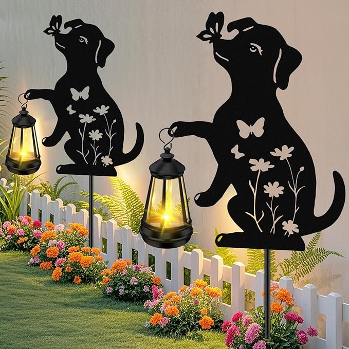 ZFNN Mothers Day Gifts, Solar Garden Decor Lights,Outdoor Metal Dog Statues with Lantern, Waterproof Solar Lights for Yard Patio Lawn Art Decoration, Gardening Gifts for Women Mom Dog Lovers, 2 Pack