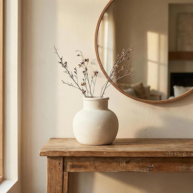 Farmhouse Table Vase, 5.7 Inch Ceramic Pot, Rustic Boho Terracotta Decor for Shelf, Mantel, Bookshelf, Living Room, Handmade Aged Look Centerpiece