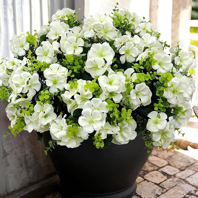 Artificial Geranium Flowers for Outdoor Decoration, 6 Bundles UV Resistant Silk Geranium Fake Plants Faux Flowers for Front Porch Garden Patio Window Box Outside Indoor Decor (White)