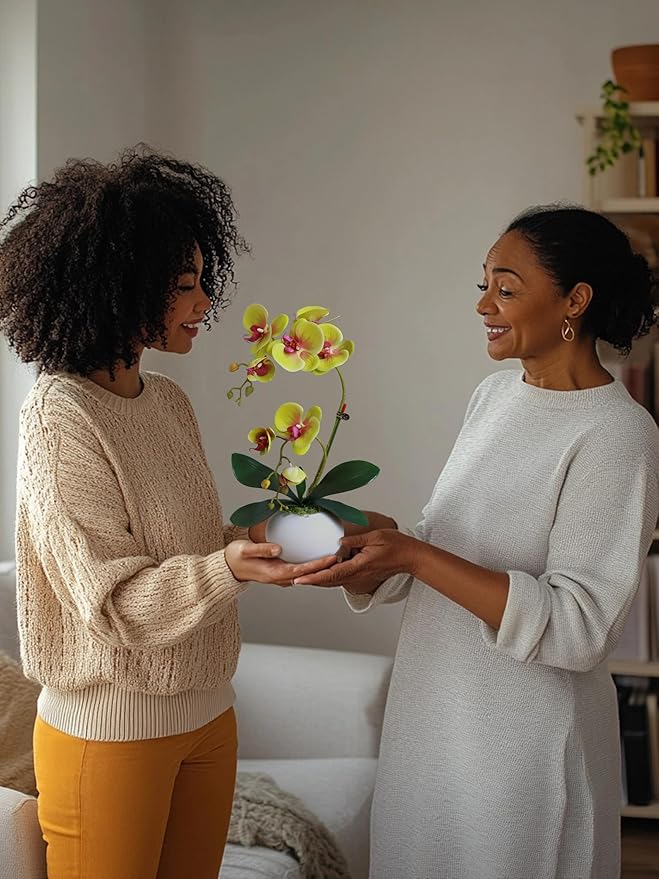Forlaoers 17" Green Artificial Flowers Artificial Orchids That Look Real with Pot Fake Orchid in Vase for Table Centerpieces Indoor Home Decor Office Bathroom Decoration