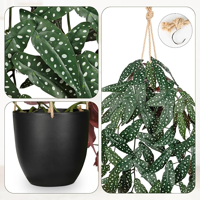 Large Fake Hanging Plants in Pot with Hook, 37" Artificial Hanging Begonia Vines Plants, Fake Potted Tropical Plants for Room Wall Living Room Bathroom Kitchen, Big Faux Ivy Houseplants for Shelf