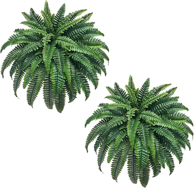 Senjie Artificial Boston Fern 2 Set 48Inch Large Fake Ferns for Outdoors Faux Plant with 55 Fronds for Home Living Room Office Decor