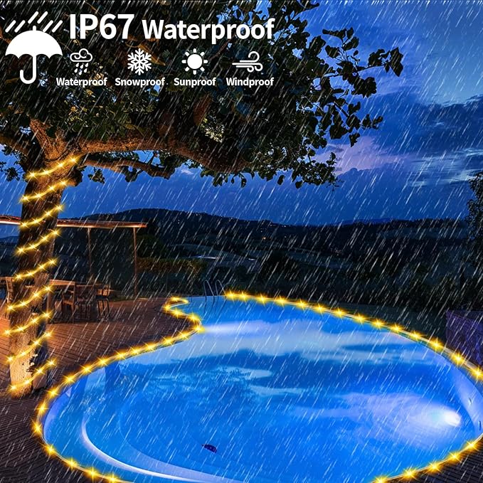 Solar Rope Lights Waterproof 39FT 100LEDs,High Capacity Rechargeable Battery,Dual Charging,Outdoor String Light,Remote-Control,for Pathway Patio Garden Palm Tree Christmas (Brighter - Warm White)