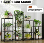 Bamworld Plant Stands Indoor 4 Sets Plant Shelves Outdoor Metal Plant Holder for Multiple Plants Flower Stands for Living Room Balcony Garden Patio Lawn Window Black