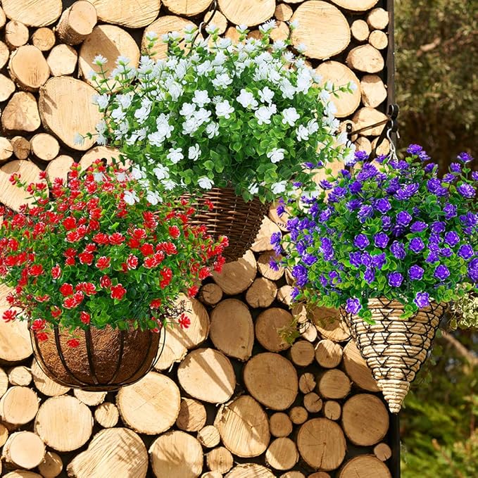 24 Bundles Outdoor Artificial Flowers UV Resistant Fake Boxwood Plants, Faux Greenery for Indoor Outside Hanging Plants Garden Porch Window Box Home Wedding Farmhouse Décor (Red)