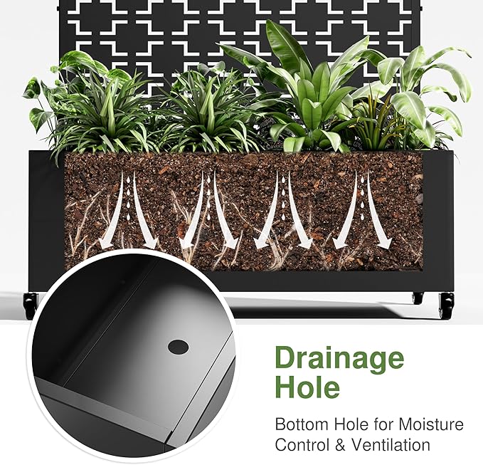 Casaphoria Metal Raised Garden Bed with Trellis and Wheels, 72"x35"x16" Planter Box for Climbing Plants, Vegetables & Vines, Features Drainage Holes and Privacy Screen, Black-Square