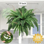 35” Artificial Boston Fern Bush Plant, 2 Faux Ferns for Outdoors Large, Fake Ferns Realistic Artificial Plants with 39 Fronds for Garden Porch Patio Home Office Living Room Decor Green