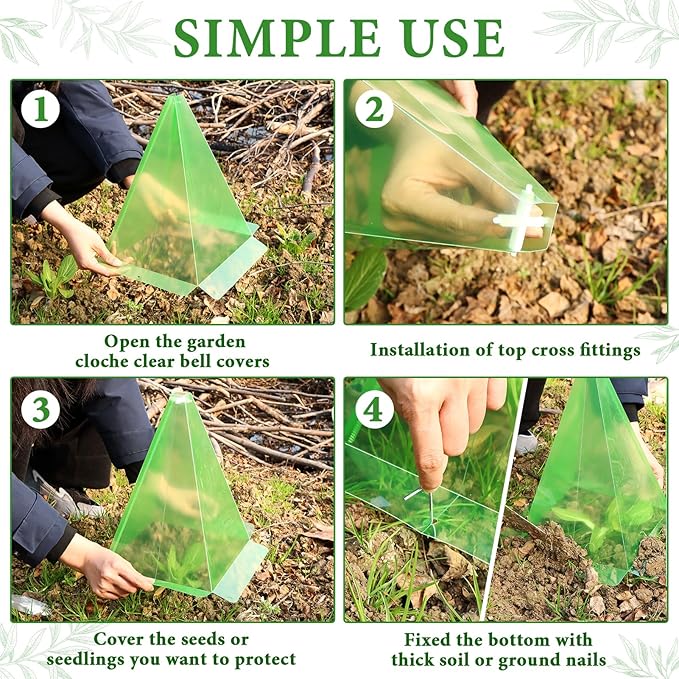 40 Pack Cloches for Plants, 7.8" x 11" Plastic Small Plant Seedling Protector with 80pcs Metal Stakes, Reusable Bell Covers to Protect Plants from Birds, Slugs, Sun, Frost, Freeze Weathe (Green)