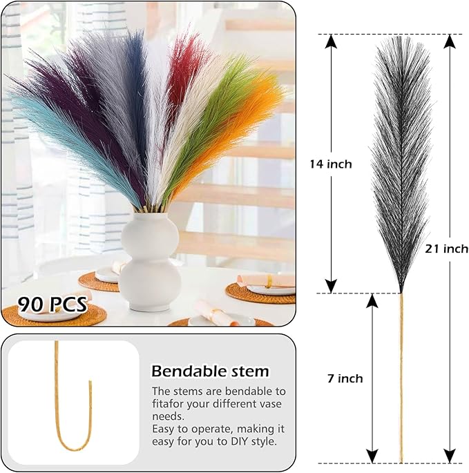 SeptCat 90 Pcs Pampas Grass Rainbow Decor 21.7" Fluffy Faux Short Multicolor Pampas Grass Artificial Small Pompas Grass Flower Vase Filler for Home Wedding Decoration