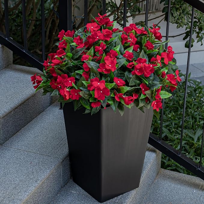 Nigirior Artificial Fake Flowers for Outdoor Décor 6 Bundles UV Resistant Fake Plants for Planter Faux Impatiens for Home Porch/Garden Stunning（Red）
