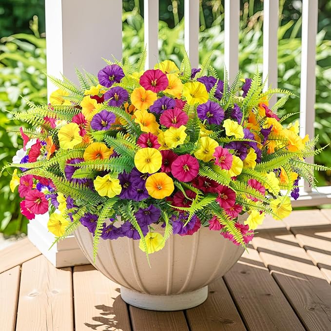 Artificial Flowers for Outdoors 12 Bundles Artificial Petunias Fake Flowers UV Resistant Shrubs Plants with Fern for Indoor Outside Hanging Planters Home Garden Spring Summer Decorations