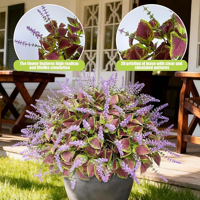 12 Bundles Artificial Coleus Flowers | UV Resistant No Fade Silk Faux Plants | Spring Summer Outdoor Fake Greenery for Garden Patio Planters Front Porch Pathway Decor (Purple)
