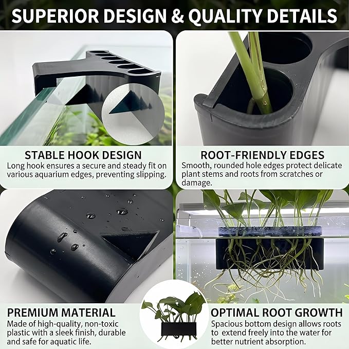 2 Pack Hanging Aquarium Plant Holder – 7-Hole Fish Tank Plant Pot for Pothos & Aquatic Plants, Floating Plant Corral, Aquascape Decor, Rim Plant Holder (Black)