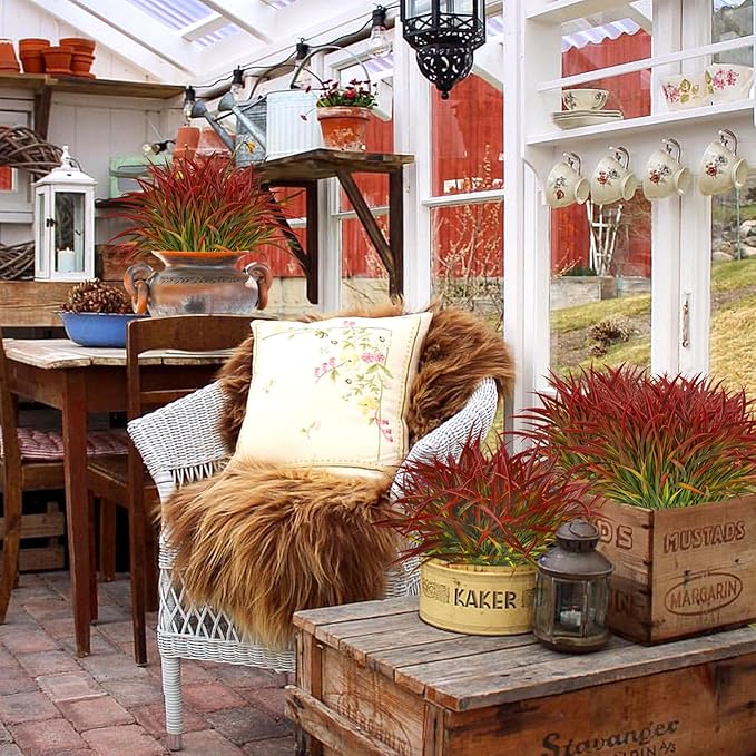 Ouddy Decor 16 Bundles Artificial Plants Outdoor Fake Grass Greenery Stems UV Resistant Faux Plastic Plants Shrubs for Spring Summer Garden Pathway Window Box Farmhouse Front Porch Home Decor, Red