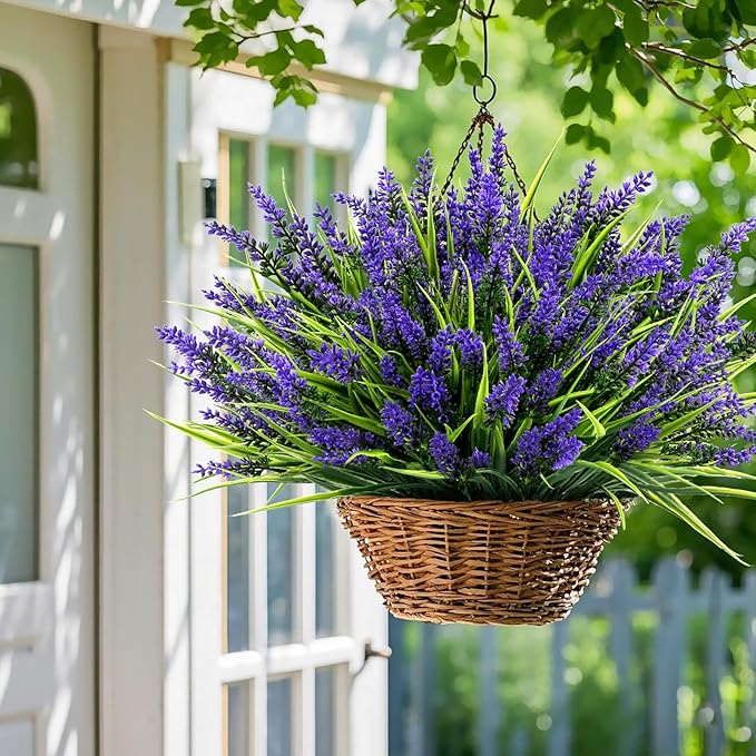 Geegoods Artificial Plants Flowers Outdoor – 24 Bundles UV Resistant Faux Lavender Flowers with Monkey Grass for Garden Porch Window Patio Hanging Planter Decor