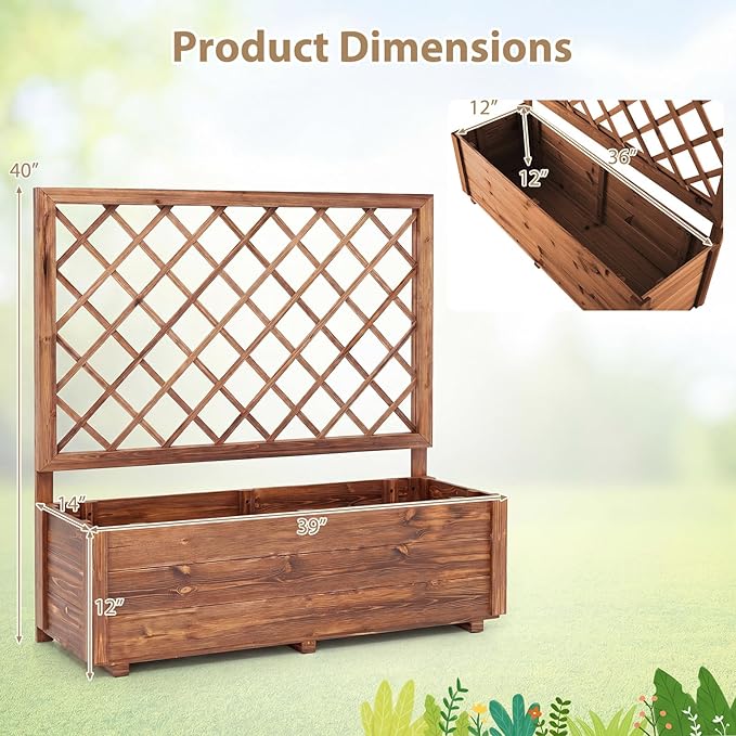 Giantex Raised Garden Bed with Trellis, 39”x14”x40” Wood Elevated Planter Box w/Drainage Hole for Climbing Vine Flower Herb Vegetable Fruit, Planting Container for Indoor Outdoor Patio Balcony