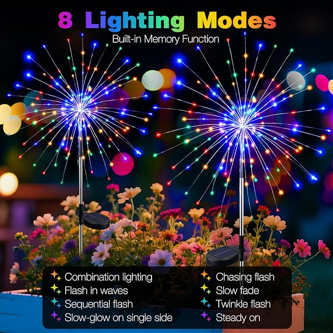 btfarm 10 Pack Solar Garden Lights Outdoor, 8 Modes Firework Lights Solar Powered, Waterproof Twinkle Fairy Light Outside for Yard Patio Pathway Pool Christmas Party Decorative, Multicolor