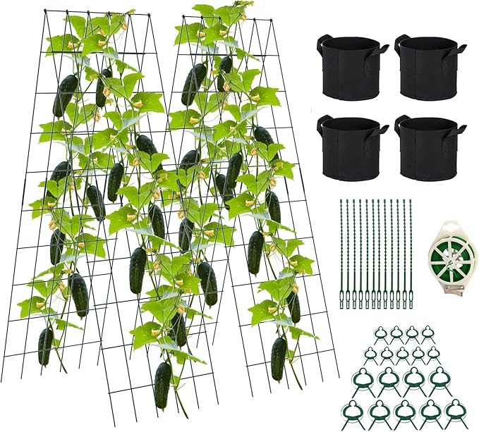 Foldable Cucumber Trellis 64" H x 20" W - 2 Pack, A-Frame Garden Trellis for Raised Bed, with Twist Ties & Plant Bags for Climbing Plants Outdoor