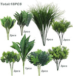 Green Moon 18 Bundles Artificial Plants Outdoor, Faux Bushes Plastic Fake Greenery Stems Shrubs UV Resistant for Indoor Outside Hanging Plants Front Porch Home Garden Window Box Spring Summer Decor