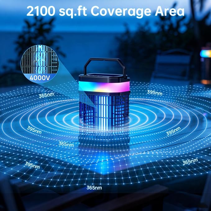 Solar Bug Zapper Outdoor, 4 in 1 Portable & Rechargeable Bug Zapper Outdoor with 5000mAH Battery, 4000V Mosquito Zapper Waterproof with LED Night Light, for Camping, Patio, Backyard (Black)