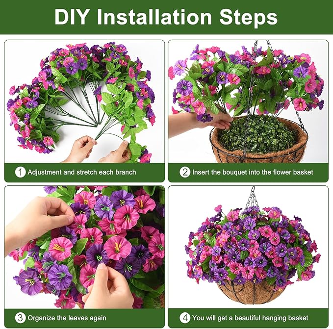 Homsunny Artificial Fake Hanging Flowers with Basket for Outdoors, Faux Silk Petunias Flower Spring Summer Decor UV Resistant Look Real Outside Patio Front Porch Decorations