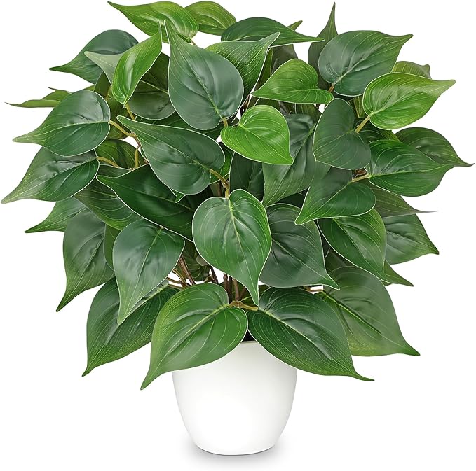 Artificial Pothos Plants in White Pot - 15.7" Fake Philodendron Plant Indoor Silk Faux Pothos Plants Faux Greenery Potted Small Artificial Potted Plant for Office Desk Shelf Bathroom Home Decor