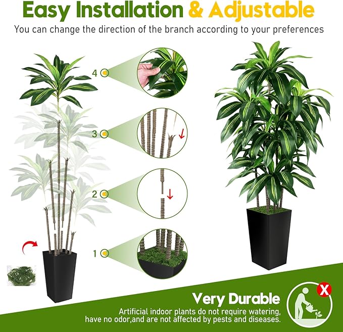 Artificial Dracaena Tree Indoor, 6FT Tall Fake Tree with Black Tall Planter, Artificial Trees Fake Yucca Potted Tree for Home Office Living Room Decor, Tall Artificial Plant for Housewarming