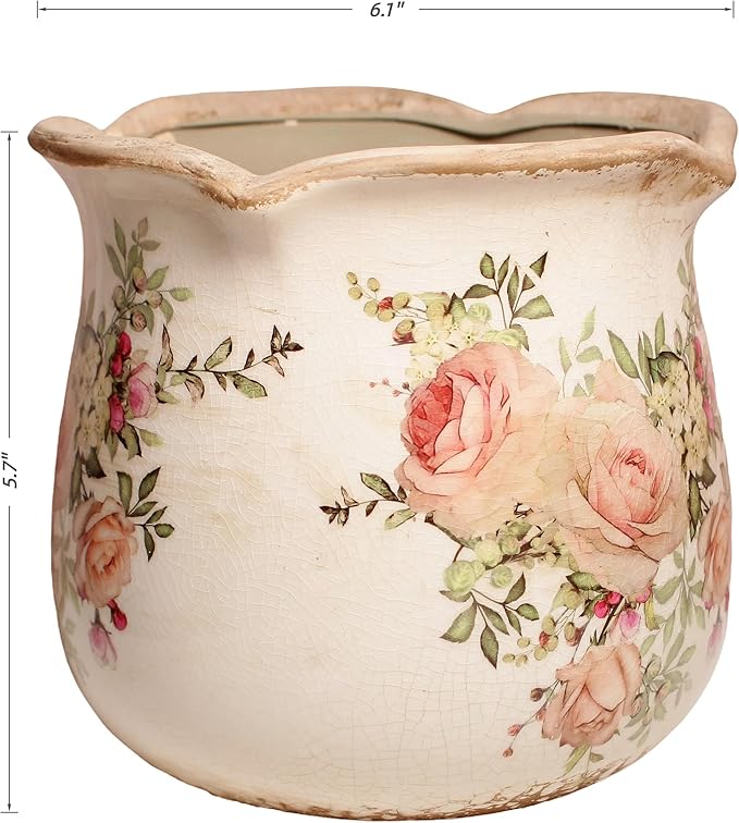 Ceramic Flower Vase, Rustic Farmhouse Vases & Planting Pots with Drainage, European Home Decor for Mantel Fireplace Bookshelf Wedding Centerpieces, Pink Rose Floral