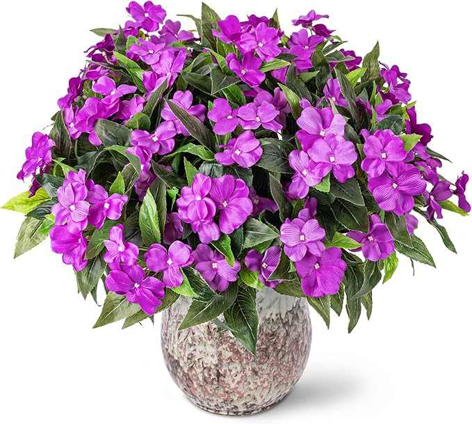 Nigirior Artificial Fake Flowers for Outdoor Décor 6 Bundles UV Resistant Fake Plants for Planter Faux Impatiens for Home Porch/Garden Stunning（Purple）
