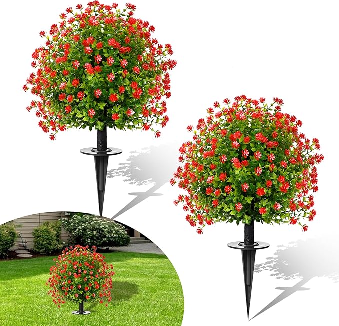 23" Artificial Topiary Boxwood Ball Trees with Ground Spike, Set of 2, UV Resistant Fake Bushes Plants with Camellia Flowers, Faux Cedar Balls Shrubs for Outdoor Indoor Front Porch Garden Decor