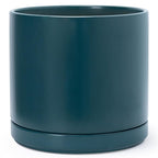 D'vine Dev 14 Inch Ceramic Planter Pot with Drainage Hole and Saucer, Indoor Cylinder Round Planter Pot, Teal, 94-O-G-9
